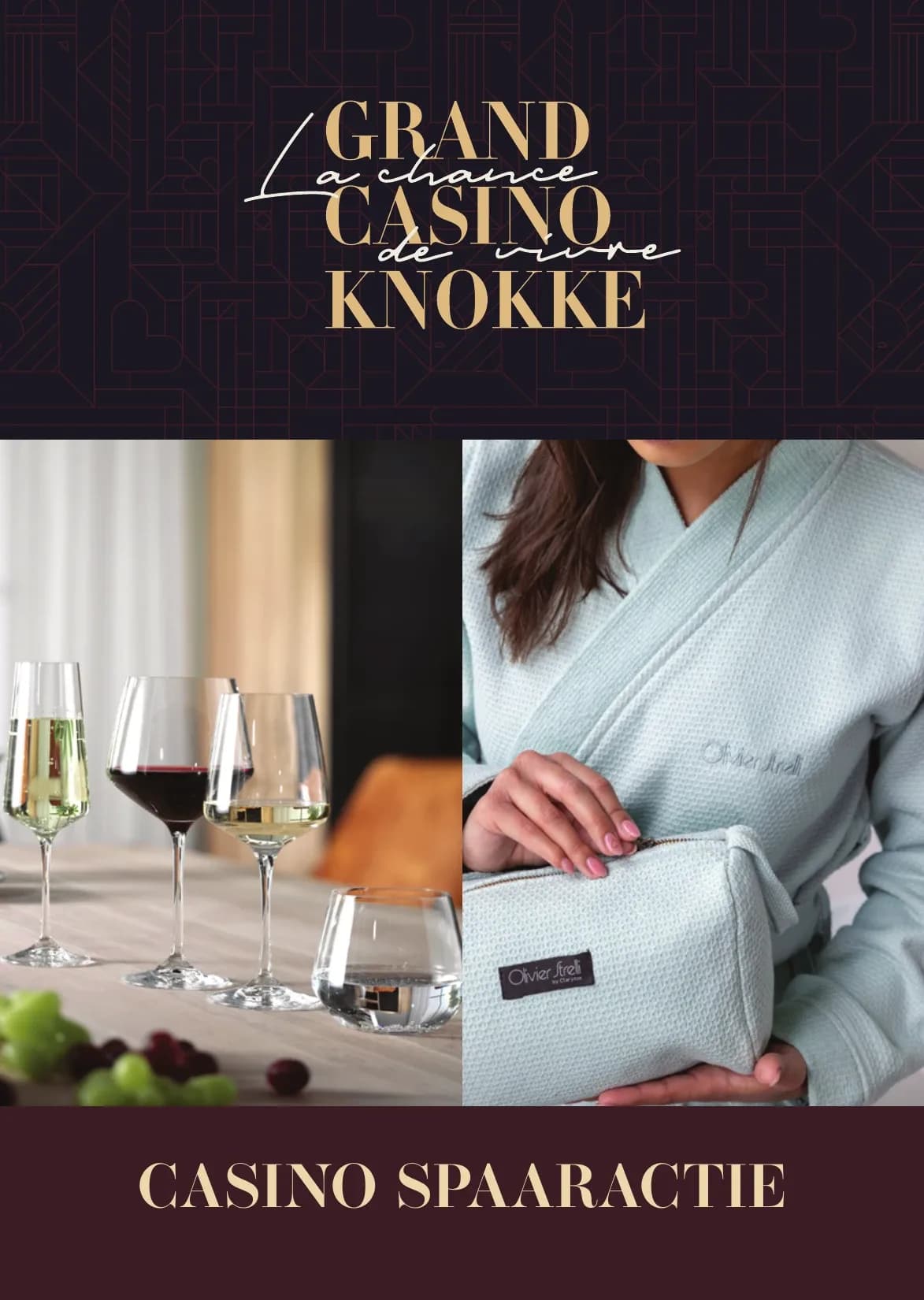 Voorkant van de spaarkaart van het Grand Casino Knokke: kristalglazen en een badjas met toilettas van Olivier Strelli