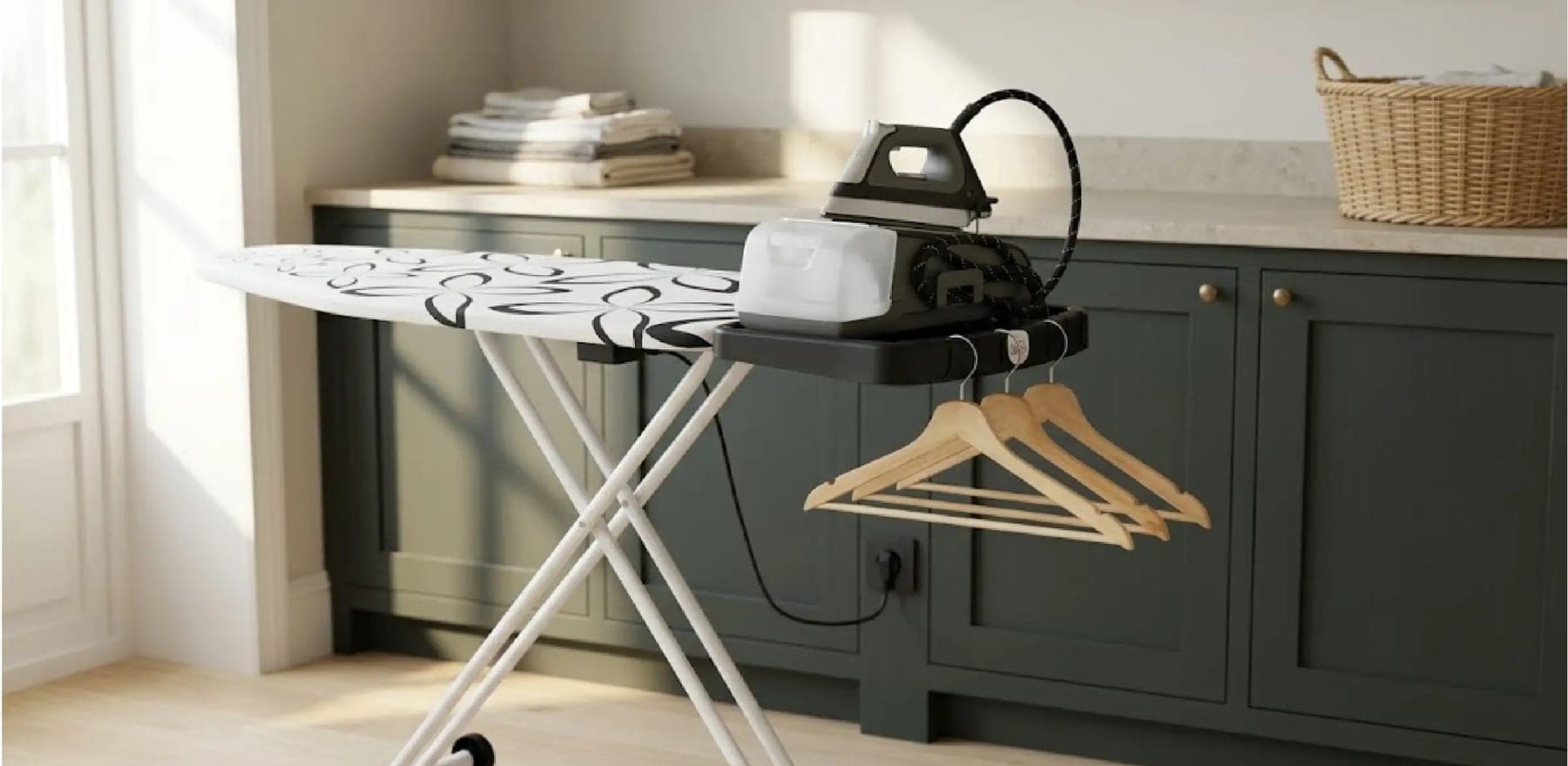 Strijkplank Faro met een stoomstrijkijzer op de brede strijkijzersteun, waaraan drie kleerhangers hangen