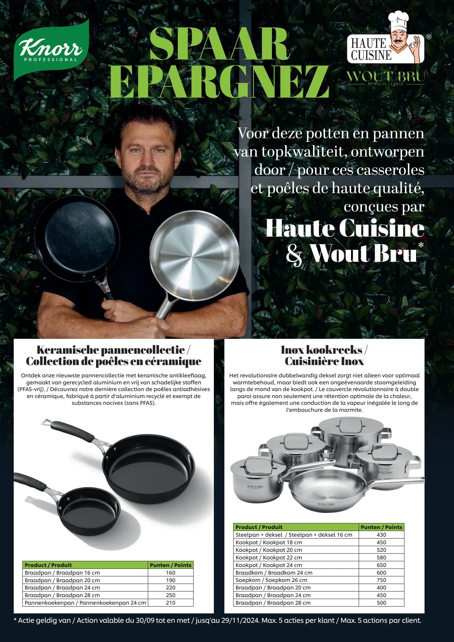 De tweetalige actieflyer van het B2B-puntenprogramma: bij aankoop van Knorr Professional-producten spaarden slagers, traiteurs en horeca punten voor de keramische pannencollectie en de inox kookreeks van Wout Bru by Haute Cuisine.